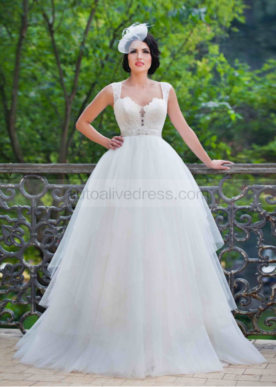 Ivory Lace Tulle Straps Keyhole Back Long Wedding Dress